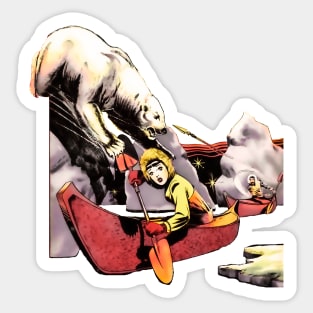 Polar Bear and Woman Paddling Canoe in Snow Vintage Retro Comic Sticker